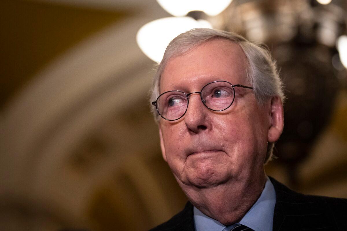 Senate Minority Leader Mitch McConnell (R-Ky.) speaks to reporters in Washington on Nov. 15, 2022. (Drew Angerer/Getty Images)