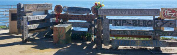 A memorial to deceased surfers, located above Steamer Lane on W. Cliff Drive. (Courtesy of Karen Gough)
