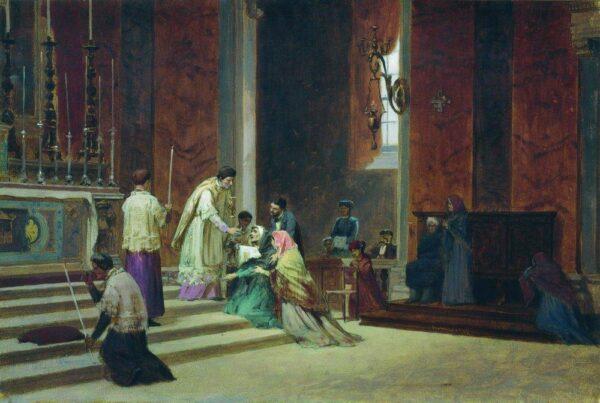 Kyrlov's grandmother was Catholic and continued as best she could to honor and observe her religious faith. "Catholic Mass," 1869, by Fyodor Bonnikov. (Public Domain)