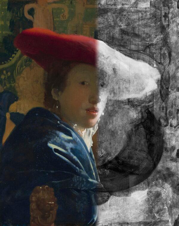 A composite image of a color photograph of "Girl With the Red Hat," circa 1669, by Johannes Vermeer with an infrared reflectance image showing that Vermeer underpainted his finely finshed painting with bold, broad brushstrokes. (National Gallery of Art. Washington)
