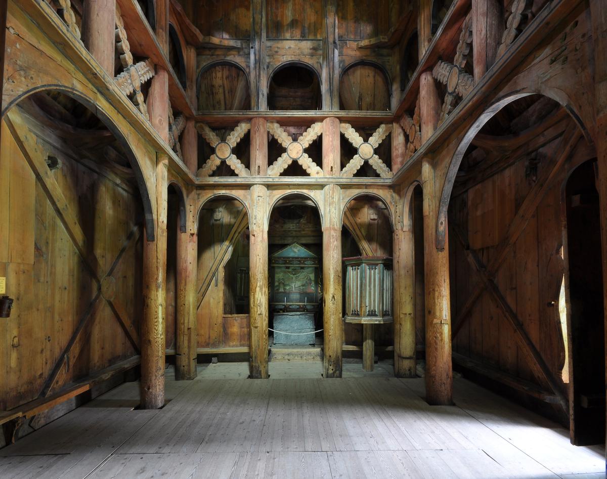 The interior of Borgund Stave Church. (Courtesy of <a href="https://commons.wikimedia.org/wiki/File:Stave_church_Borgund_interior.jpg">Micha L. Rieser</a>)