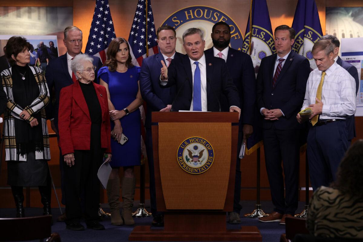 Flanked by House Republicans, Rep. James Comer (R-Ky.) speaks during a news conference at the Capitol in Washington on Nov. 17, 2022. (Alex Wong/Getty Images)