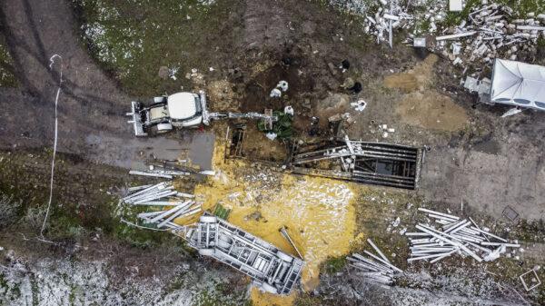 An aerial view taken on Nov. 17, 2022, shows the site where a missile strike killed two men in the eastern Poland village of Przewodow, near the border with war-ravaged Ukraine on Nov. 15, 2022. (Wojtek Radwanski/AFP via Getty Images)