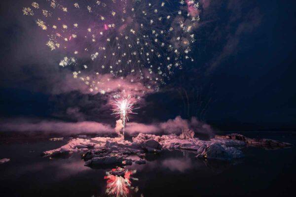 Celia Cheng captured a scene at the annual firework celebration over Jokulsarlon Lake in Iceland. (Credit to Celia Cheng)