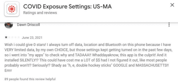 Massachusetts Android device user Dawn Driscoll writes a review on the Google Play Store, on June 23, 2021. (NCLA lawsuit/Screenshot via The Epoch Times)