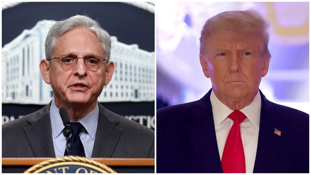 Attorney General Merrick Garland (L) speaks at a press conference at the U.S. Department of Justice in Washington on Oct. 24, 2022. (Kevin Dietsch/Getty Images); Former President Donald Trump (R) at an event at his Mar-a-Lago home in Palm Beach, Fla., on Nov. 15, 2022. (Joe Raedle/Getty Images)