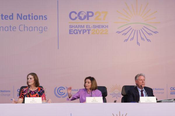 (L–R) U.S. Rep. Kathy Castor (D-Fla.), Speaker of the U.S. House of Representatives Nancy Pelosi (D-Calif.), and Rep. Frank Pallone (D-N.J.) speak to the media during the UNFCCC COP27 climate conference in Sharm El Sheikh, Egypt, on Nov. 11, 2022. (Sean Gallup/Getty Images)