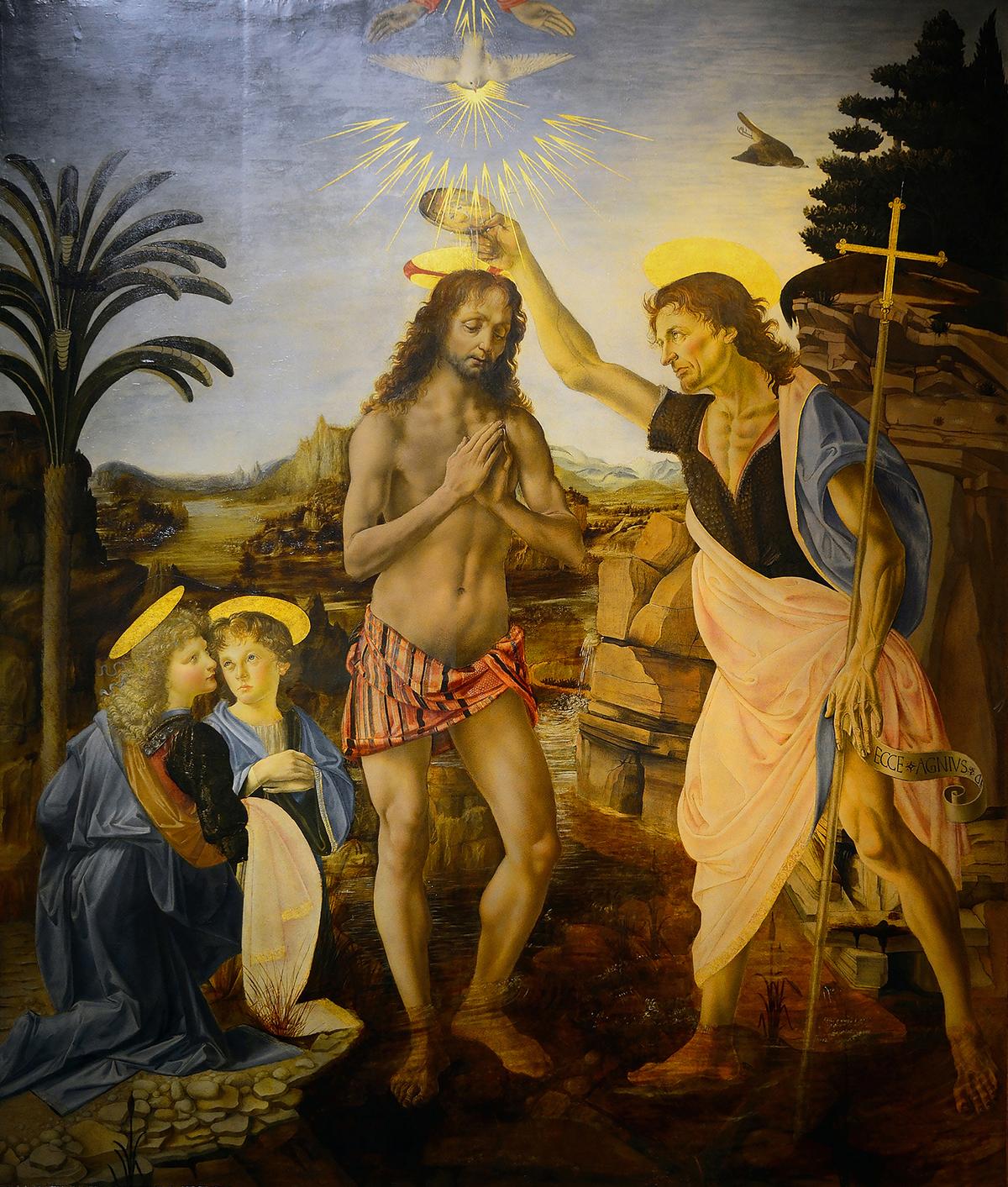 "The Baptism of Christ," 1470–1475, by Andrea del Verrocchio and Leonardo da Vinci. Leonardo painted the angel on the left. Oil and tempera on panel. Uffizi Gallery, Florence, Italy. (Public Domain)