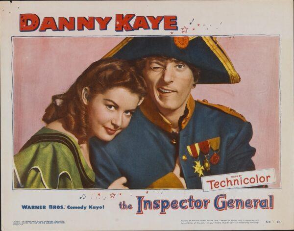 Danny Kaye and Barbara Bates, in a promotional lobby card, star in the wacky comedy "The Inspector General" (MovieStillsDB)