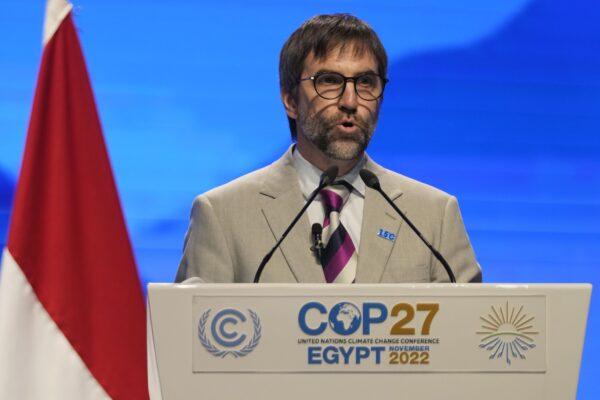 Environment Minister Steven Guilbeault speaks at the COP27 U.N. climate summit in Sharm el-Sheikh, Egypt, on Nov. 15, 2022. (AP Photo/Peter Dejong)