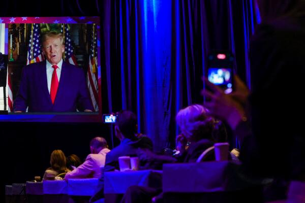 Former President Donald Trump speaks virtually at the Republican Jewish Coalition Annual Leadership Meeting in Las Vegas, Nev., on Nov. 19, 2022. (Wade Vandervort / AFP via Getty Images)
