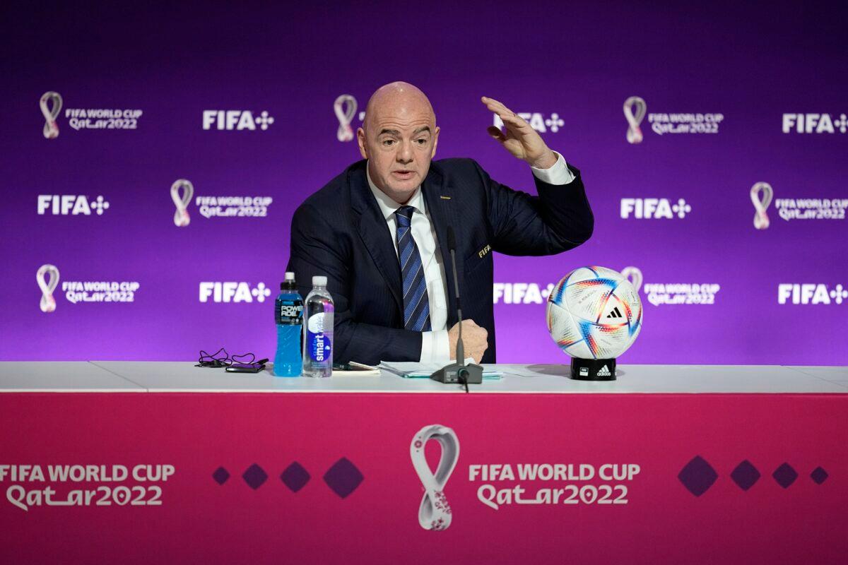 FIFA President Gianni Infantino speaks at a press conference in Doha, Qatar, on Nov. 19, 2022. (Abbie Parr/AP Photo)