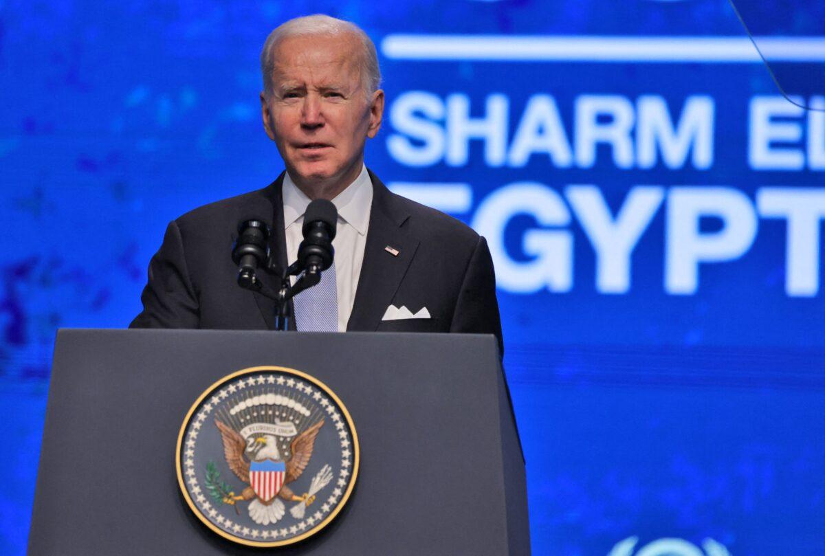 President Joe Biden delivers a speech during the COP27 summit in Egypt's Red Sea resort city of Sharm el-Sheikh on Nov. 11, 2022. (Ahmad Gharabli/AFP via Getty Images)