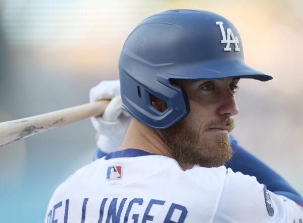 Cody Bellinger (35) of the Los Angeles Dodgers on deck during a 12–6 win over the Milwaukee Brewers at Dodger Stadium in Los Angeles, on Aug. 24, 2022. (Harry How/Getty Images)