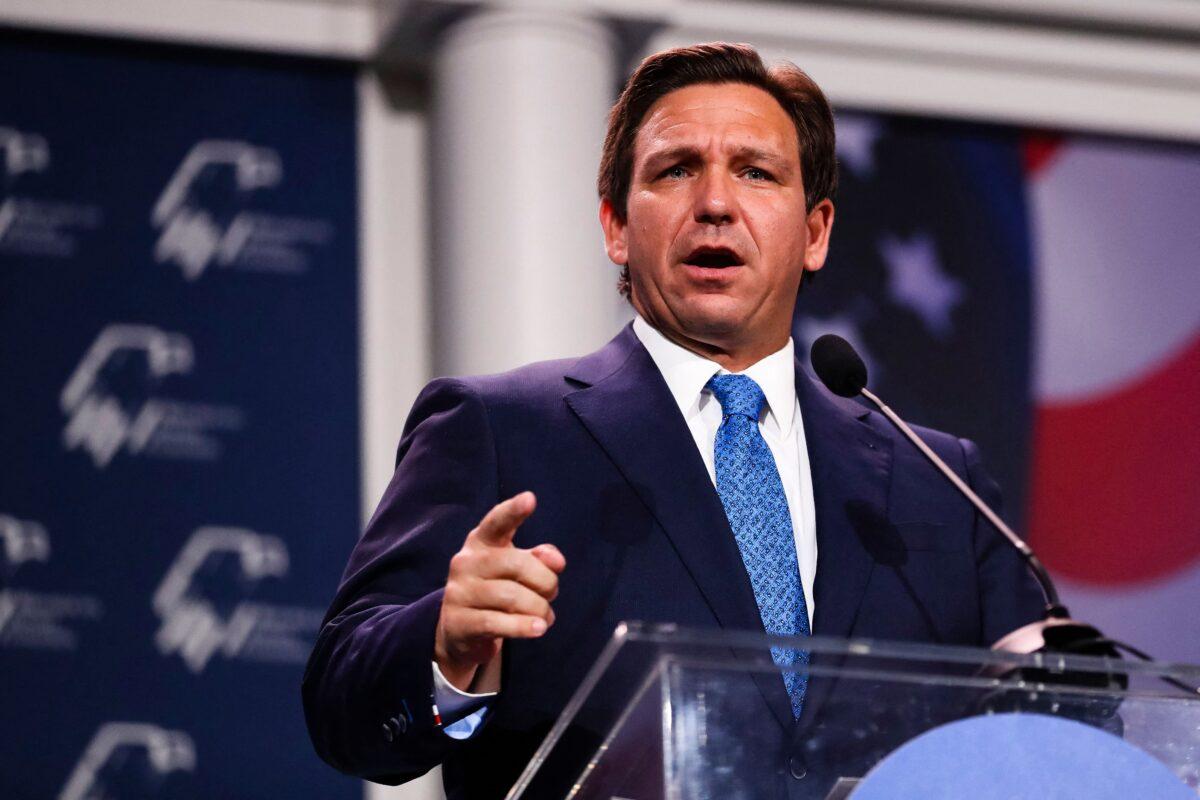 Florida Gov. Ron DeSantis offered a safe place to stay to Libs of TikTok creator Chaya Raichik. Photo shows DeSantis speaking at the Republican Jewish Coalition Annual Leadership Meeting in Las Vegas, Nevada, on Nov. 19, 2022. (Wade Vandervort/AFP via Getty Images)