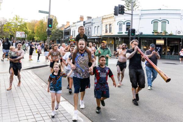 People parade in the Coloured Digger March to honour Aboriginal and Torres Strait Islander servicemen and servicewomen during Anzac Day in Sydney, Australia, on April 25, 2022. (Jenny Evans/Getty Images)