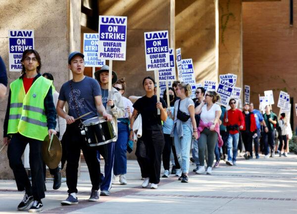 Union academic workers and supporters march and picket at the UCLA campus amid a statewide strike by nearly 48,000 University of California unionized workers in Los Angeles on Nov. 15, 2022. (Mario Tama/Getty Images)