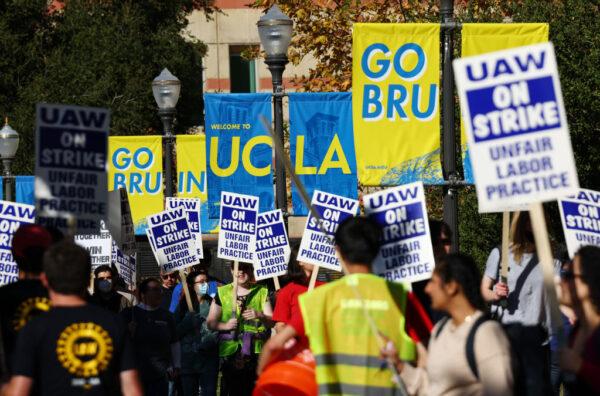 Union academic workers and supporters march and picket at the UCLA campus amid a statewide strike by nearly 48,000 University of California unionized workers in Los Angeles on Nov. 15, 2022. (Mario Tama/Getty Images)
