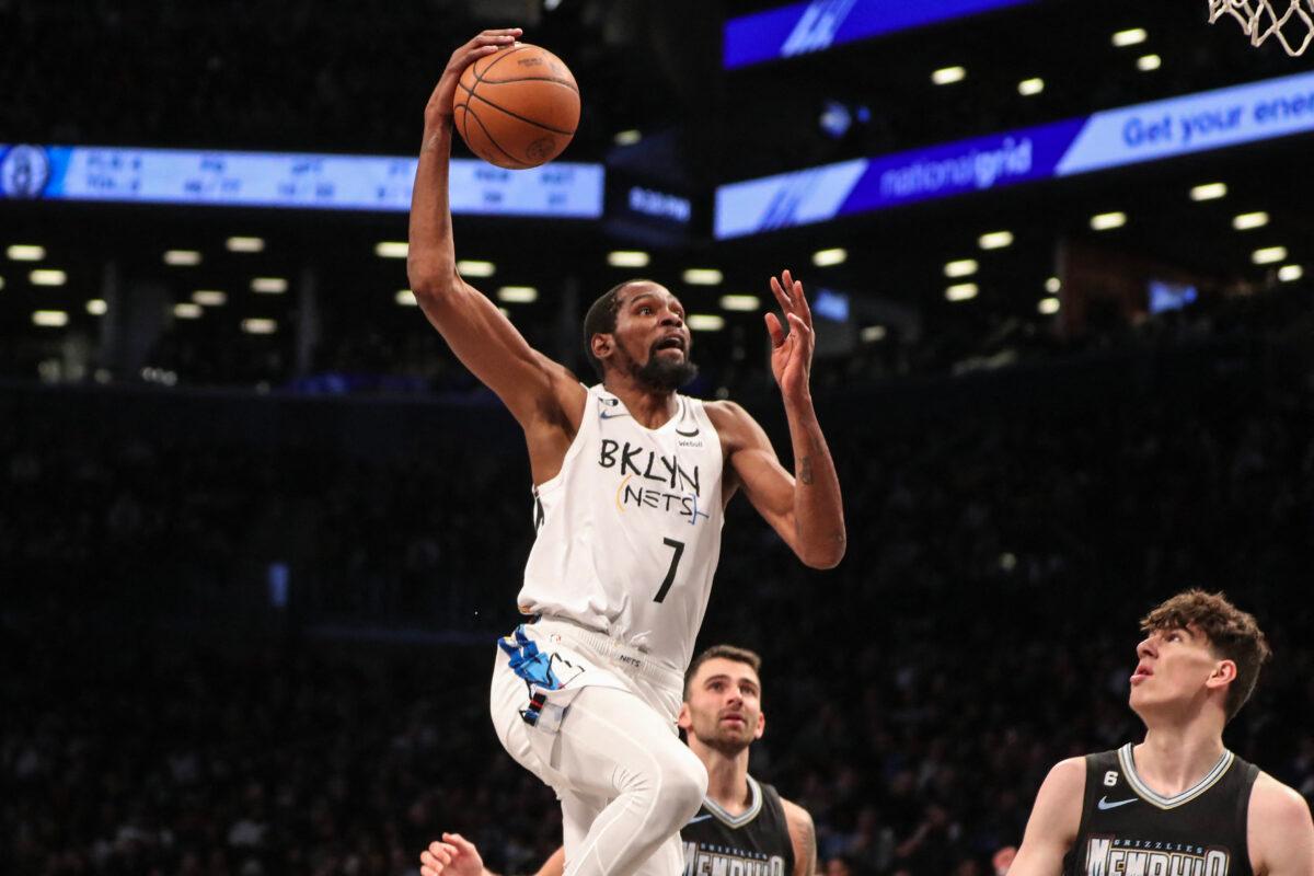 Brooklyn Nets forward Kevin Durant (7) goes up for a dunk in the fourth quarter against the Memphis Grizzlies at Barclays Center in Brooklyn, New York, on Nov. 20, 2022. (Wendell Cruz/USA TODAY Sports via Reuters)