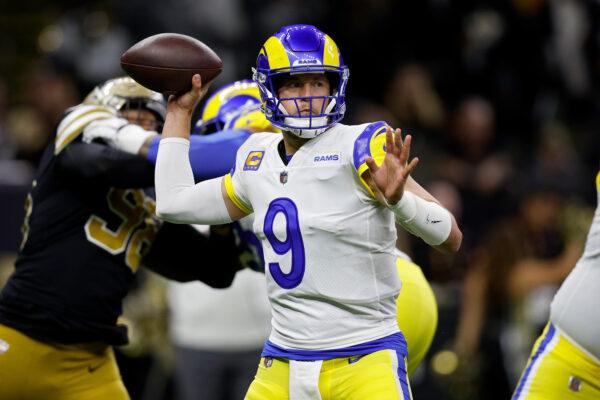 Matthew Stafford (9) of the Los Angeles Rams throws a pass against the New Orleans Saints during the first half at Caesars Superdome in New Orleans, on Nov. 20, 2022. (Sean Gardner/Getty Images)