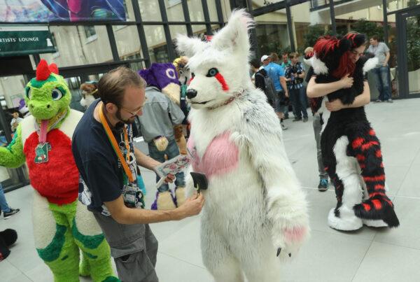 A furry getting brushed at Eurofurence in Berlin on Aug. 17, 2016. (Sean Gallup/Getty Images)