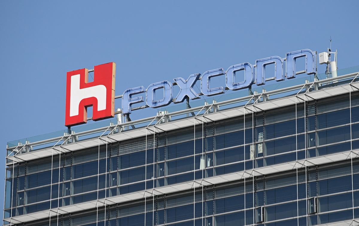 The Foxconn logo is displayed on a Foxconn building in Taipei, Taiwan, on Jan. 31, 2019. (Photo by Sam Yeh/AFP via Getty Images)