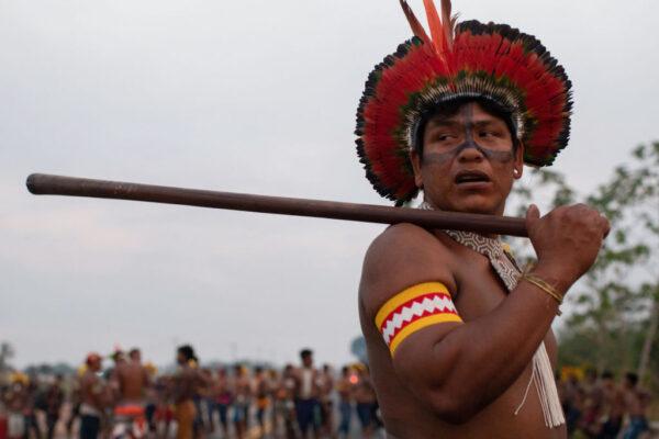 A member of the Kayapo tribe protesting on the outskirts of Novo Progresso in Para State, Brazil, on Aug. 18, 2020. (Joao Laet/AFP via Getty Images)