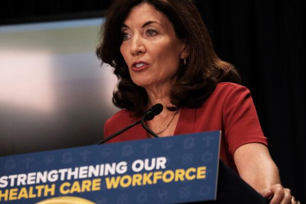 New York governor Kathy Hochul speaks at a news conference in New York City on August 03, 2022. Hochul announced a $10 billion health care stimulus plan, including bonuses of up to $3,000. (Spencer Platt/Getty Images)