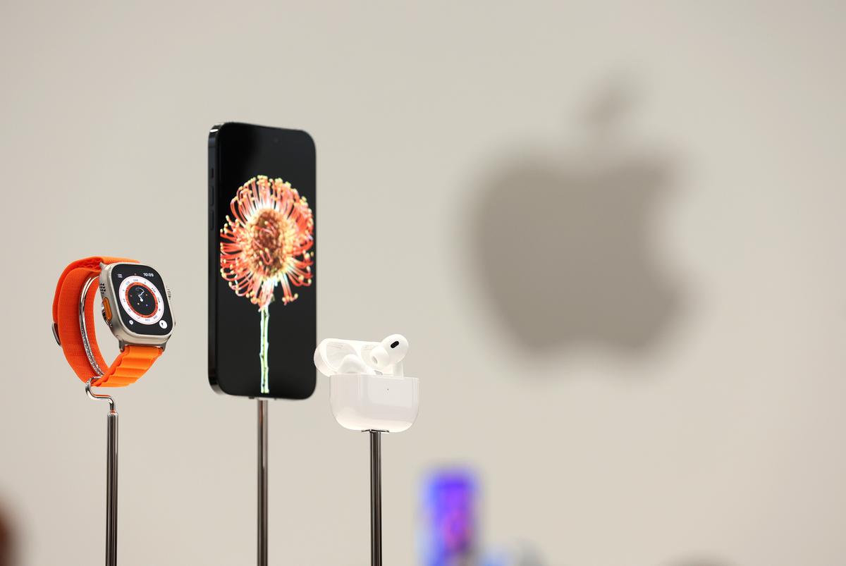 The new Apple Watch Ultra, iPhone 14, and AirPods Pro are displayed during an Apple special event in Cupertino, California, on Sept. 7, 2022. (Photo by Justin Sullivan/Getty Images)