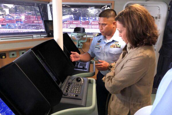 U.S. Vice President Kamala Harris (R) is given a tour on board the Philippine Coast Guard BRP Teresa Magbanua (MRRV-9701) during her visit to Puerto Princesa, Palawan province, western Philippines, on Nov. 22, 2022. (Philippine Coast Guard via AP)