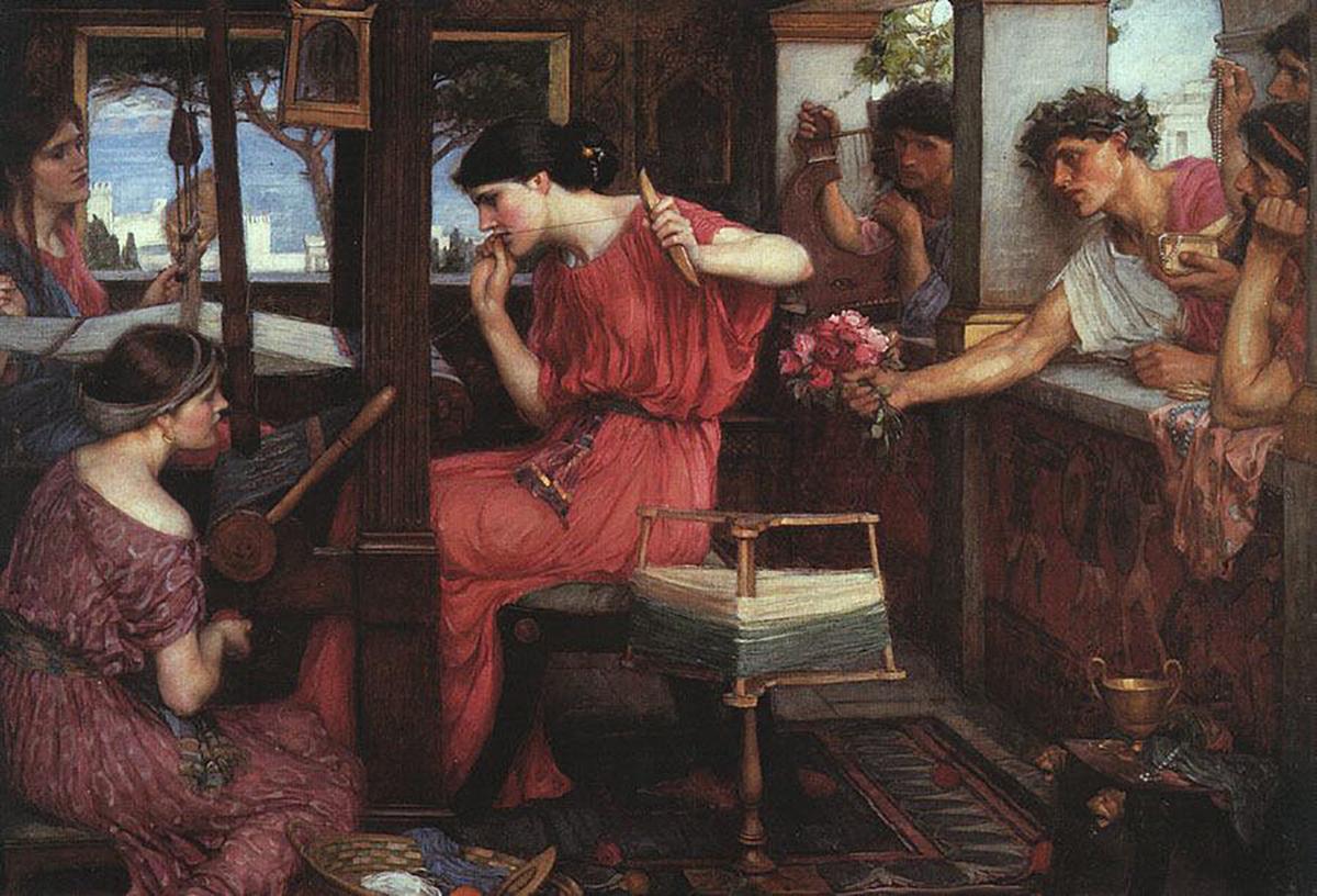 Chaos reigns in Ithaca, but no one steps in to put an end to this behavior. "Penelope and the Suitors," 1911–12, John William Waterhouse. (Public Domain)