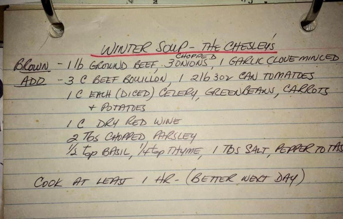A recipe card from a classmate’s mother’s kitchen in Wilton, Connecticut, shown to the author at their 45th class reunion in October 2022.