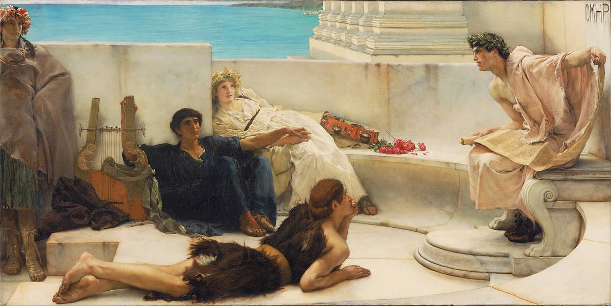 "A Reading From Homer," 1885, by Lawrence Alma-Tadema. Oil on canvas; 36.1 inches by 72.2 inches. Philadelphia Museum of Art. (Public Domain)