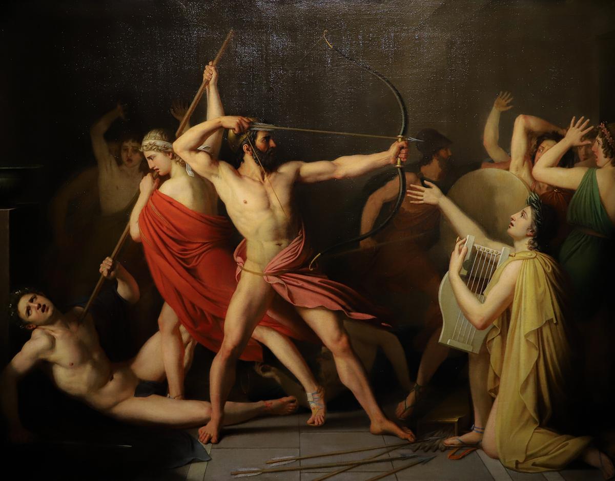 Telemachus stands by his father, Odysseus, to challenge those who have threatened his home. “Odysseus and Telemachus Killing the Suitors,” 1812, by Thomas Degeorge. Roger Quilliot Art Museum, Auvergne, France. (Cropped image, <a href="https://commons.wikimedia.org/wiki/User:Sailko">Sailko</a>/<a href="https://creativecommons.org/licenses/by/3.0/deed.en">CC BY 3.0</a>)
