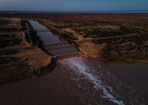 An aerial view of water flowing into Lake Menindee, the first substantial water flows to the region for five years on May 17, 2021 in Menindee, Australia. (Photo by Brook Mitchell/Getty Images)