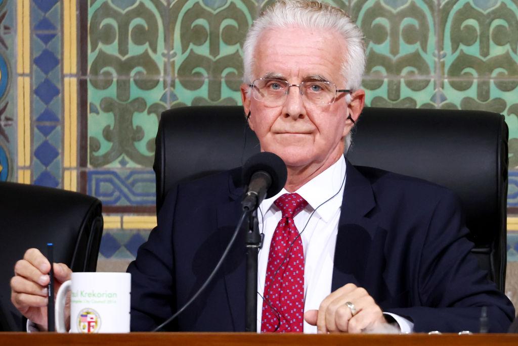 New L.A. City Council President Paul Krekorian presides as the council holds its first in-person meeting since he became president in the wake of a leaked audio recording in Los Angeles on Oct. 25, 2022. (Mario Tama/Getty Images)