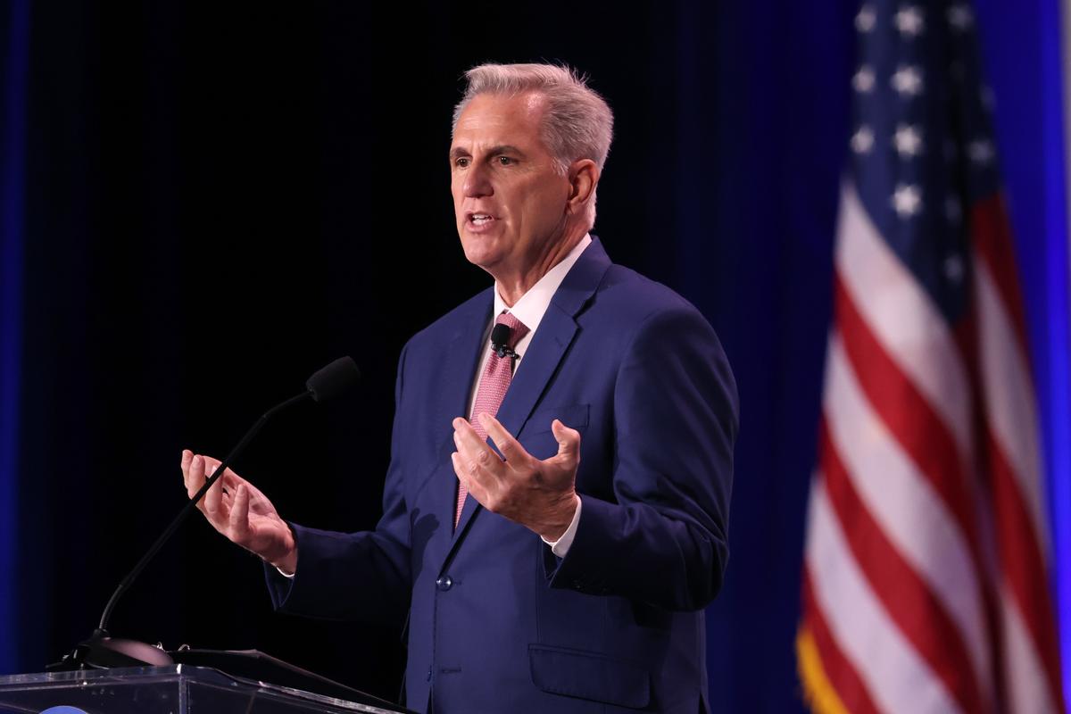 House Minority Leader Kevin McCarthy speaks at the Republican Jewish Coalition annual leadership meeting in Las Vegas, Nev., on Nov. 19, 2022. (Scott Olson/Getty Images)