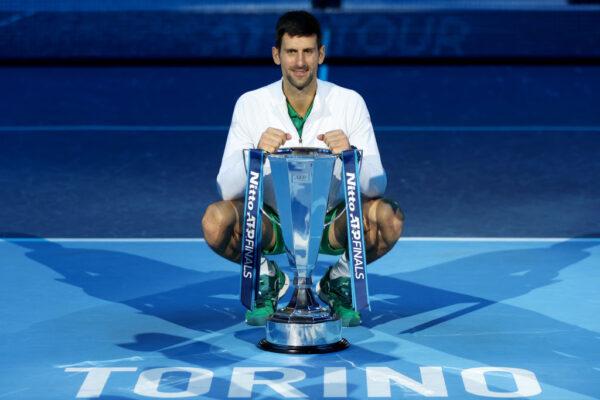 Novak Djokovic of Serbia poses with the trophy after defeating Casper Ruud of Norway during the Final on Day Eight of the Nitto ATP Finals at Pala Alpitour on November 20, 2022 in Turin, Italy. (Photo by Matthew Stockman/Getty Images)