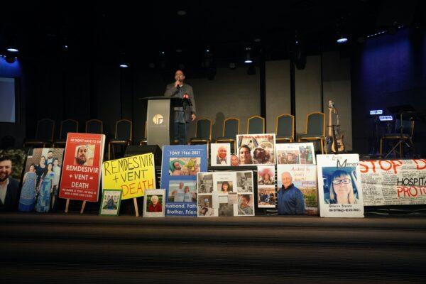 Nick Caturano speaks at an Oct. 13, 2022 press conference he organized in Kissimmee, Fla., to allow families tell how they believe hospital treatments for COVID-19 were to blame for the deaths of their loved ones' deaths. (Nanette Holt/The Epoch Times)