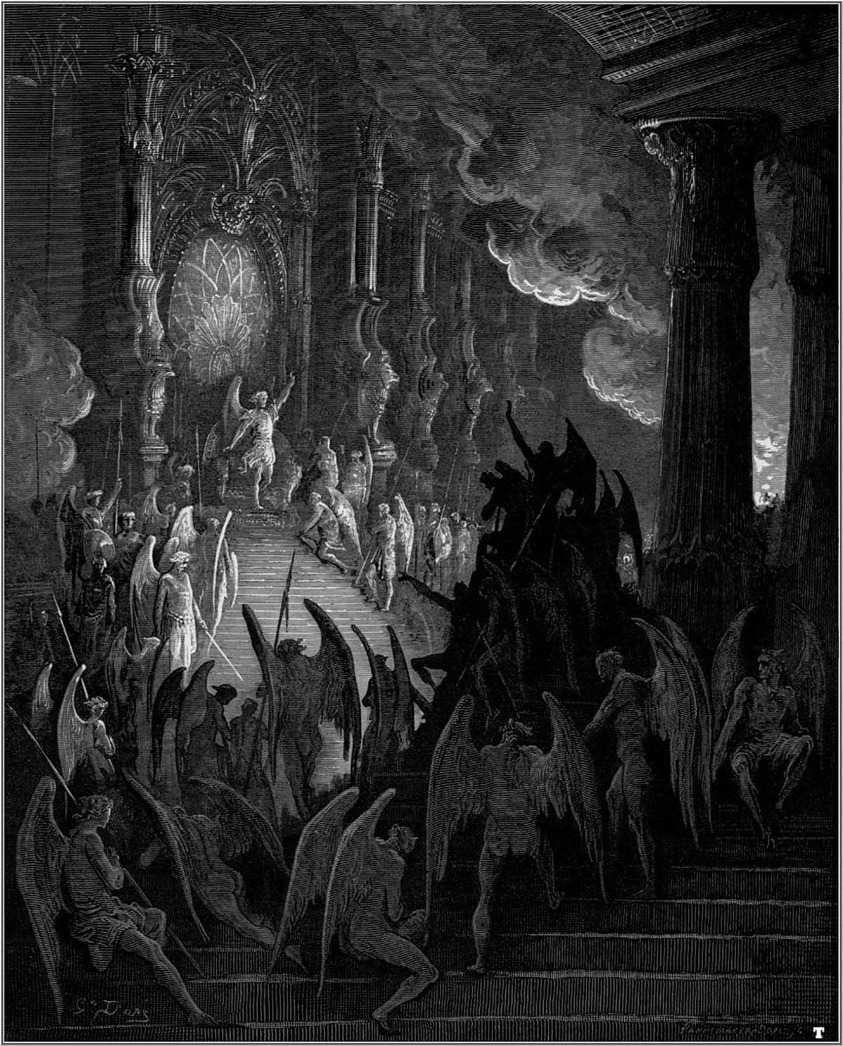 “High on a throne of royal state, which far/ Outshone the wealth of Ormus and of Ind,” 1866, by Gustav Doré for John Milton’s “Paradise Lost.” Engraving. (Public Domain)