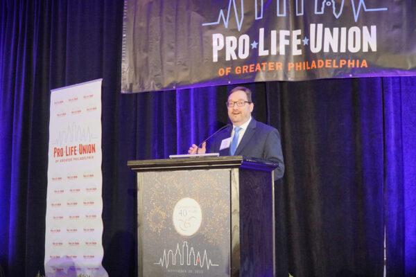 Tom Stevens, president and CEO of the Pro-Life Union of Greater Philadelphia, at the 40th annual Stand Up For Life dinner in Philadelphia, Pa., on Nov. 20, 2022. (Lily Sun/The Epoch Times)