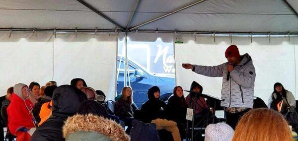 Pastor Philip Hutchings, of His Tabernacle Family Church in Saint John, New Brunswick, holds a church service in a tent during COVID restrictions. (Courtesy of Philip Hutchings)