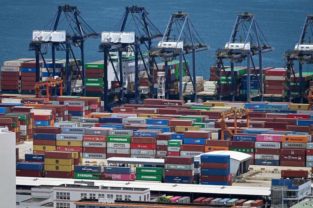 Cargo containers and gantry cranes at Yantian port in Shenzhen, Guangdong Province, on July 13, 2022. (Jade Gao/AFP via Getty Images)