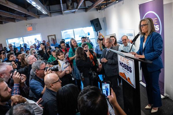 Arizona Democrat Katie Hobbs speaks to attendees at a rally after she was named winner in the state's gubernatorial race in Phoenix, Ariz., on Nov. 15, 2022. (Jon Cherry/Getty Images)