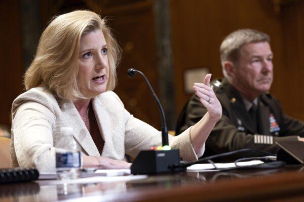 U.S. Army Secretary Christine Wormuth (L) and Army Chief of Staff Gen. James McConville testify during a Senate Appropriations Defense Subcommittee hearing on Capitol Hill in Washington on May 10, 2022. (Kevin Dietsch/Getty Images)