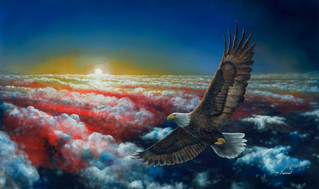"Land of the Free": The artwork gives an aerial view of the clouds painted in the stars and stripes as the symbolic bald eagle sores high up in the sky. The artwork was created as a companion piece to “Home of the Brave." (Courtesy of <a href="https://www.jimhanselart.com/">Jim Hansel</a>)