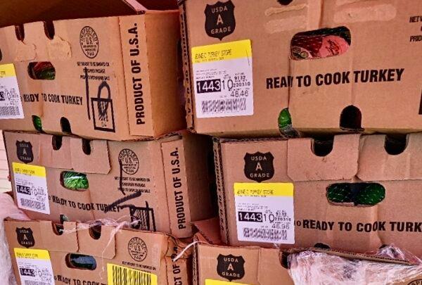 Boxes of donated food for the Thanksgiving holiday at local nonprofit Friends of Families' food distribution event in Stanton, Calif., on Nov. 19, 2022. (Courtesy of George Grachen)