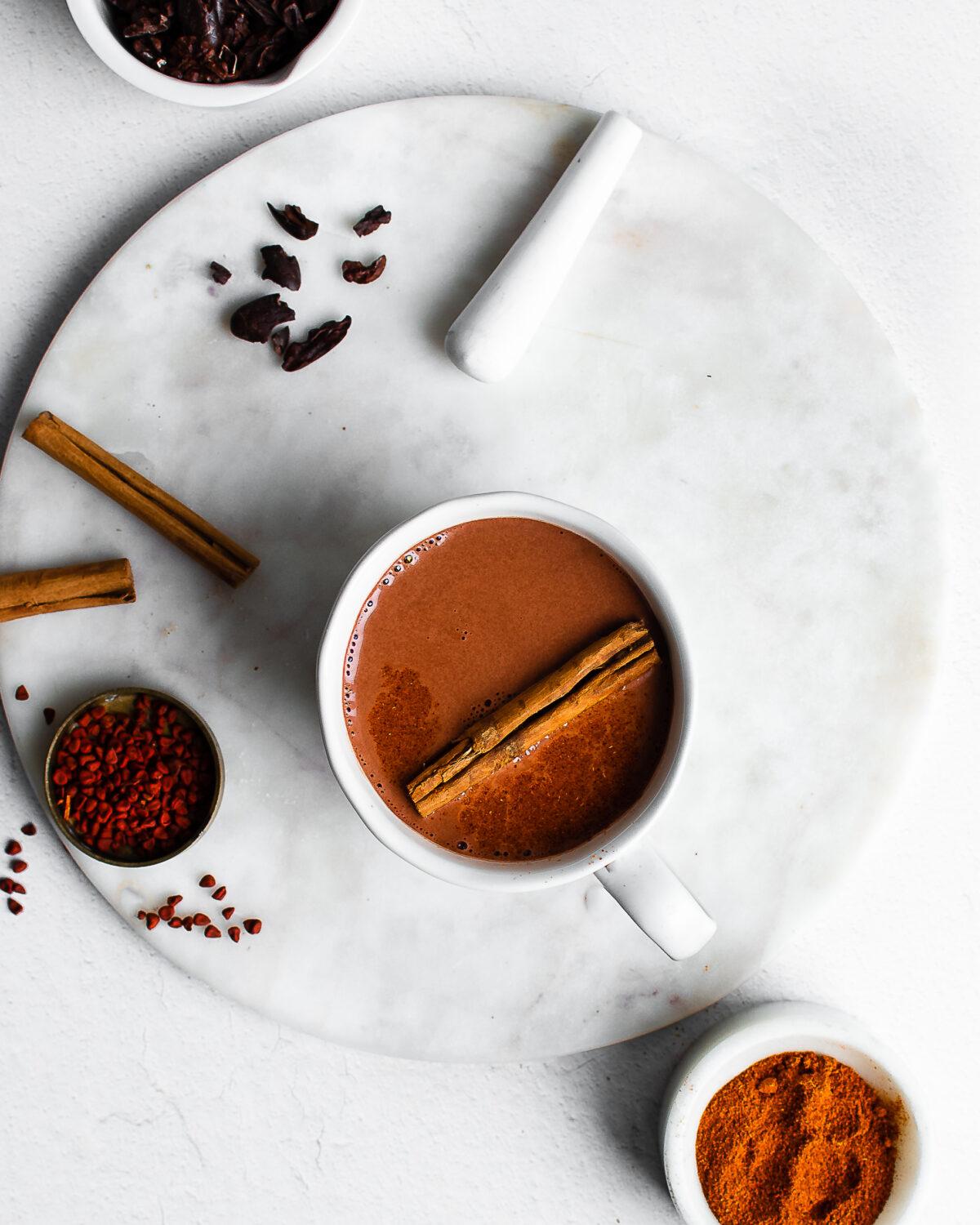 Cinnamon, allspice, chile powder, and earthy-sweet annatto flavor this Mayan-inspired hot chocolate. (Jennifer McGruther)