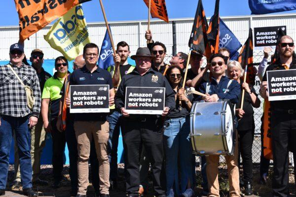 A supplied image shows workers rallying outside the Amazon Flex Warehouse in Cavan, Adelaide, Australia, on Nov. 25, 2022. (AAP Image/Supplied by TWU)