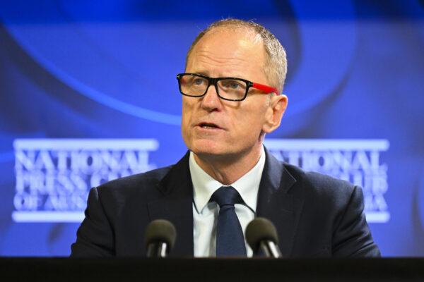 CEO of the Murray-Darling Basin Authority, Andrew McConville, speaks at the National Press Club in Canberra on Nov. 22, 2022. (AAP Image/Lukas Coch)